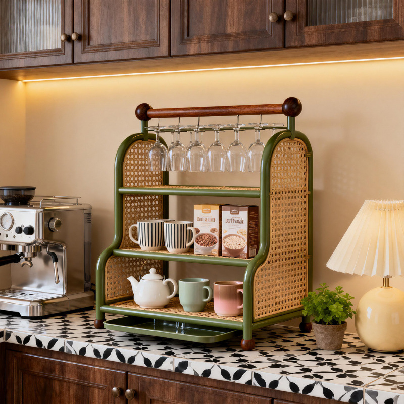 Food Storage For Room - 2 Katlı Vintage Rattan Bardak Saklama