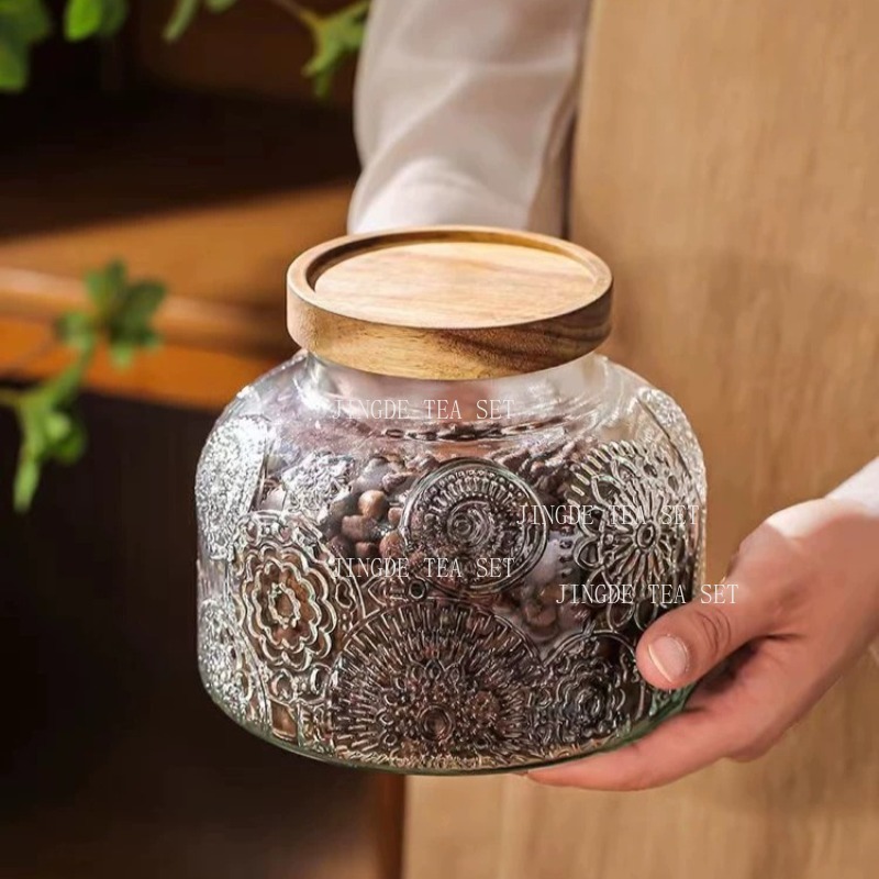 Food Storage Jars With Lids - Kabartmalı Cam Saklama Kavanozu Ahşap Kapaklı